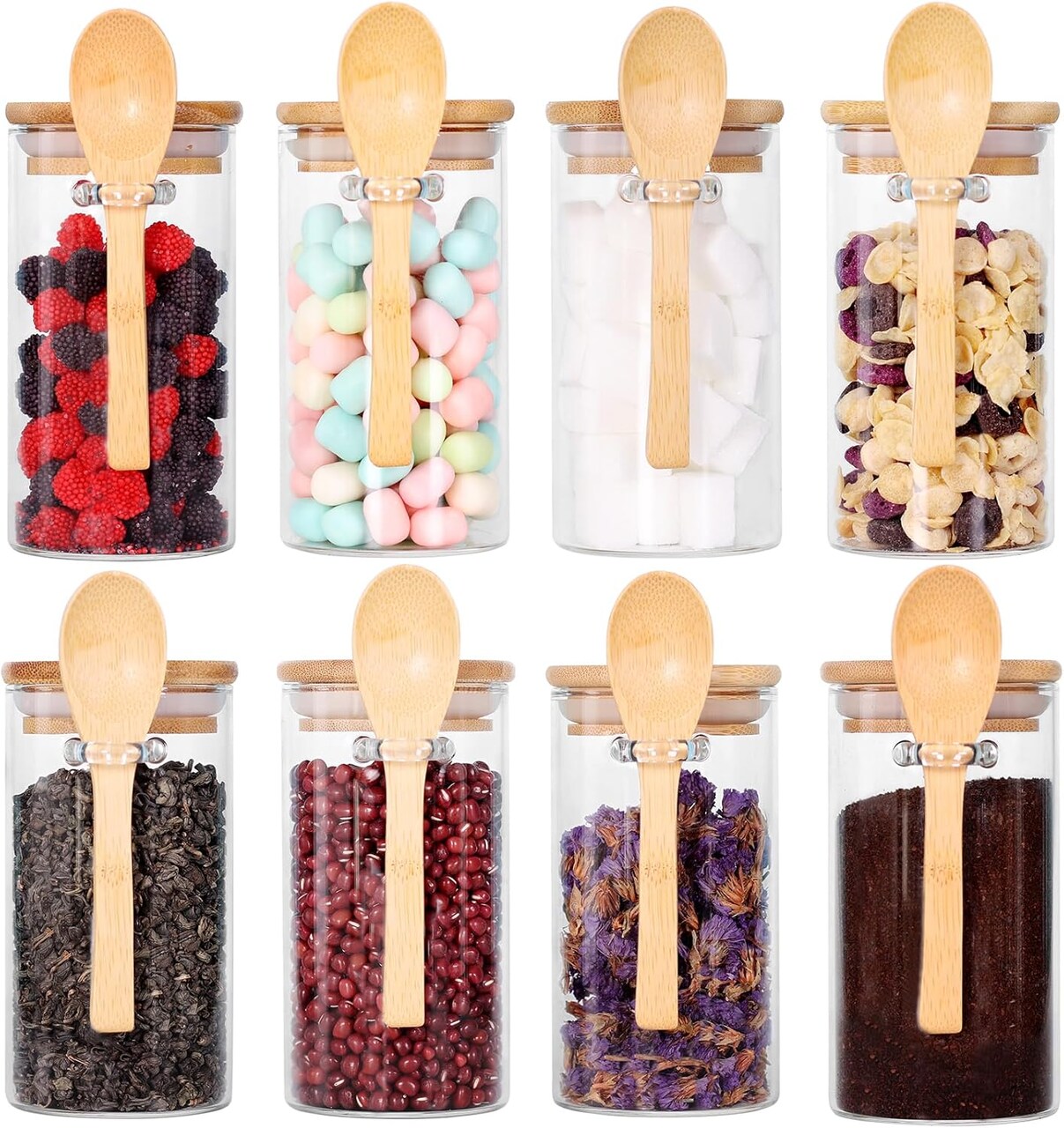 Set of 8 Glass Jars with Bamboo Lids and Spoons, 10 OZ Airtight Small Glass Tea Containers for Loose Tea, Coffee and Sugar Glass Container for Yogurt Jars with Lids